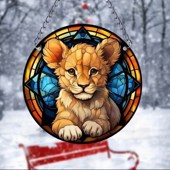 Baby Lion Acrylic Sun-Catcher Pendant with Hanging Chain 5.9 ×5.9 Inches - Picture 6 of 6